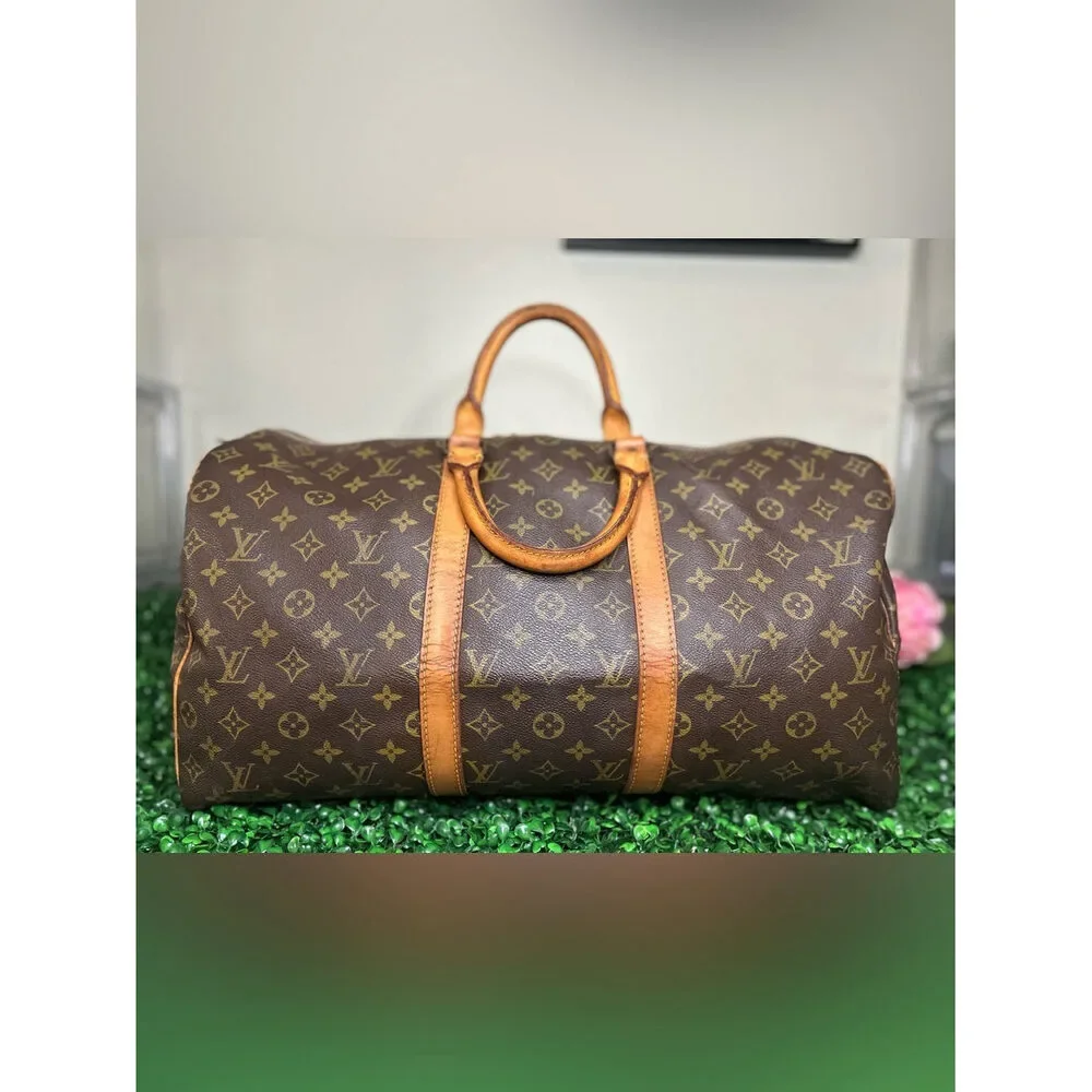 Louis Vuitton Keepall 50 Monogram Travel Bag w/ Luggage Tag, Handle Band & Strap
